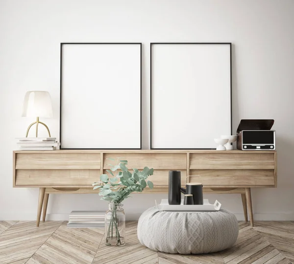 Mock Verlichte Wissellijst Scandinavische Stijl Render Interieur Achtergrond Illustratie — Stockfoto