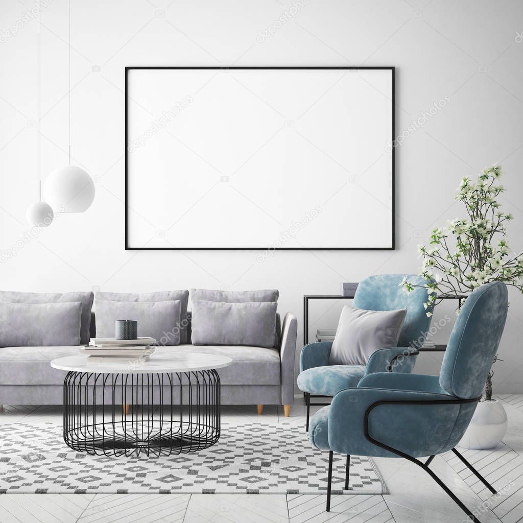 mock up poster frame in interior background, Scandinavian style, 3D render, 3D illustration