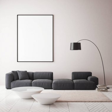 poster çerçevesi iç arka plan, İskandinav tarzı, 3d render, 3d çizim kadar alay