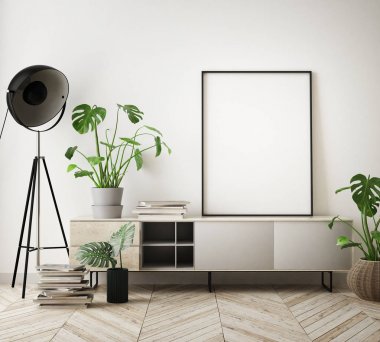 poster çerçevesi iç arka plan, İskandinav tarzı, 3d render, 3d çizim kadar alay