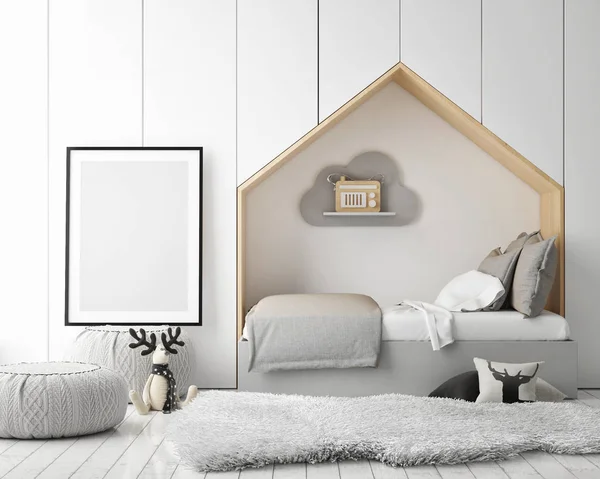 模拟海报框架在儿童卧室 斯堪的纳维亚风格的内部背景 — 图库照片
