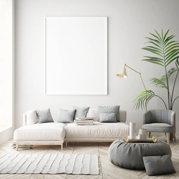 макет плаката на внутреннем фоне, скандинавский стиль, 3D рендеринг, 3D иллюстрация
