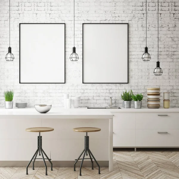 模拟海报框架在厨房内部背景 斯堪的纳维亚风格 — 图库照片