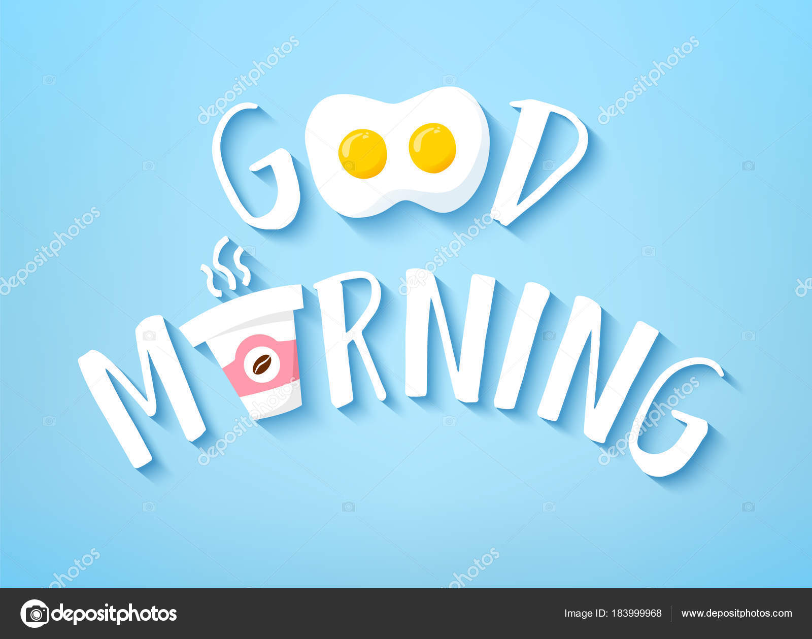 Good Morning Banner Cute Text Cup Coffee Fried Egg Blue — Stock Vector ...