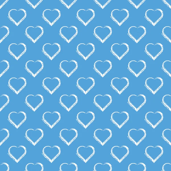 White hand draw hearts on sky blue background seamless pattern. — Stock Vector