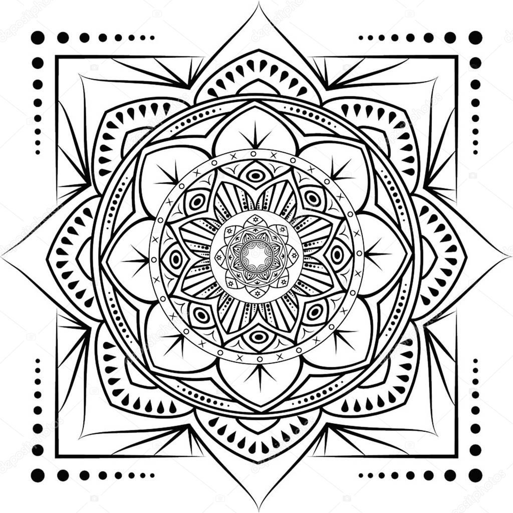 Zentangle feather mandala, page for adult colouring book, vector design element.
