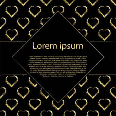 Sevgililer günü tebrik kartı için sigorta primi altın kalpler. Siyah arka plan ve rhombus metin çerçevesi üzerinde birçok altın Kalpler