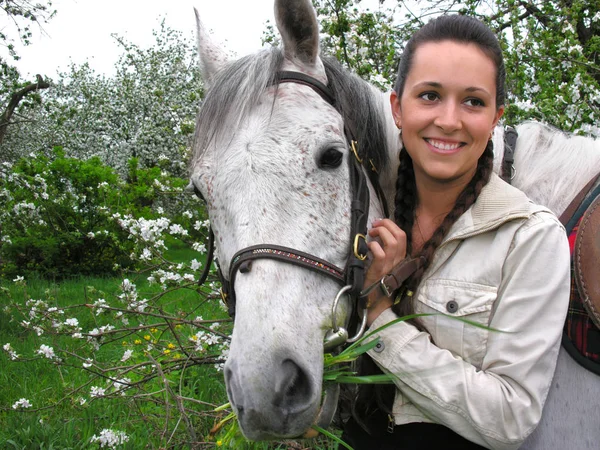 満開のりんごの木の中で春の庭の白い馬を持つ若い女性 — ストック写真