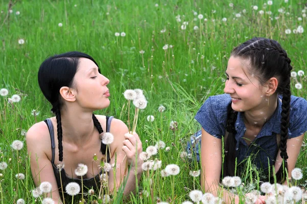 Two Young Beautiful Women Relaxing Spring Meadow — Stock Photo, Image