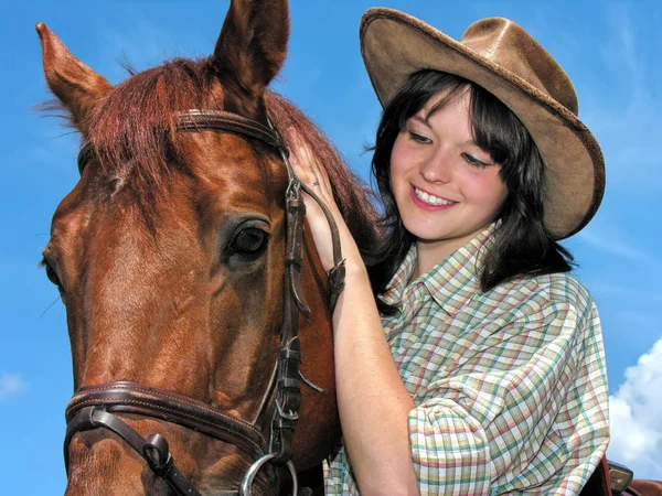 Portrait Young Cowgirl Horse Outdoors — Stock Photo, Image
