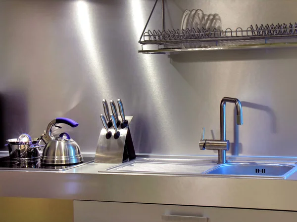 Close Modern Kitchen Equipment Home Interior Mixed Lighting — Stock Photo, Image