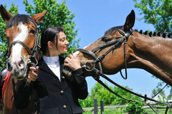 トレーニングの前に つの馬と若い女曲馬師 — ストック写真
