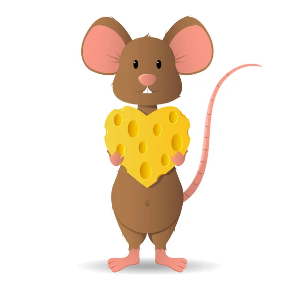 Loving cute little mouse, brown, holds cheese in the shape of a heart. — Stock Vector