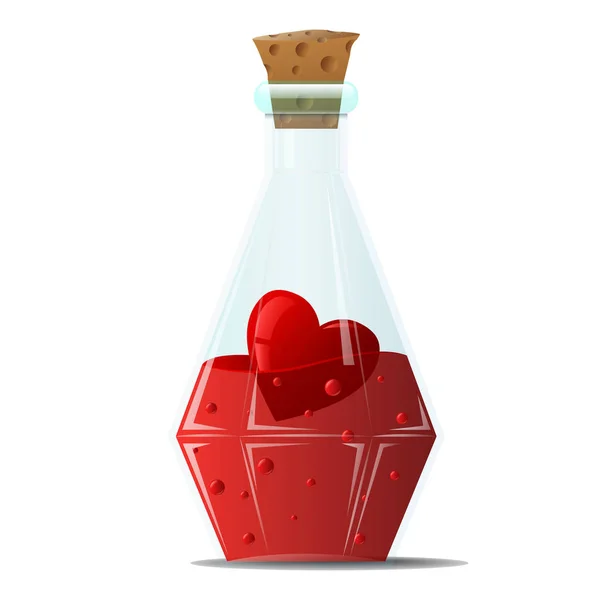 Elixir de amor. Una pequeña botella de vidrio con bordes afilados, con un corazón rojo en el interior . — Vector de stock
