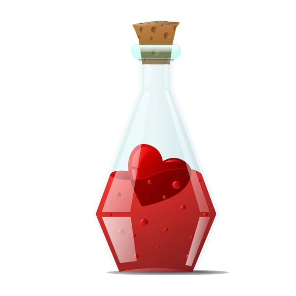 Elixir de amor. Una pequeña botella de vidrio con bordes afilados, con un corazón rojo en el interior . — Vector de stock