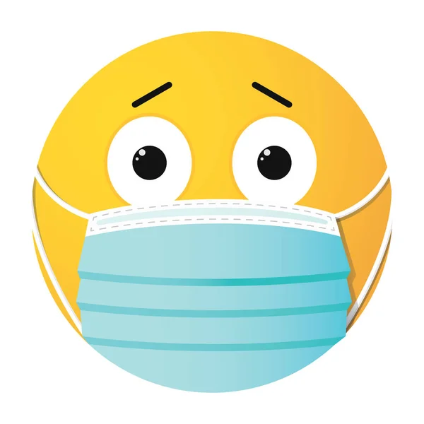 Medical face mask. Frightened little yellow smiley in a drop of medicine on the end of a syringe needle. — Stock Vector