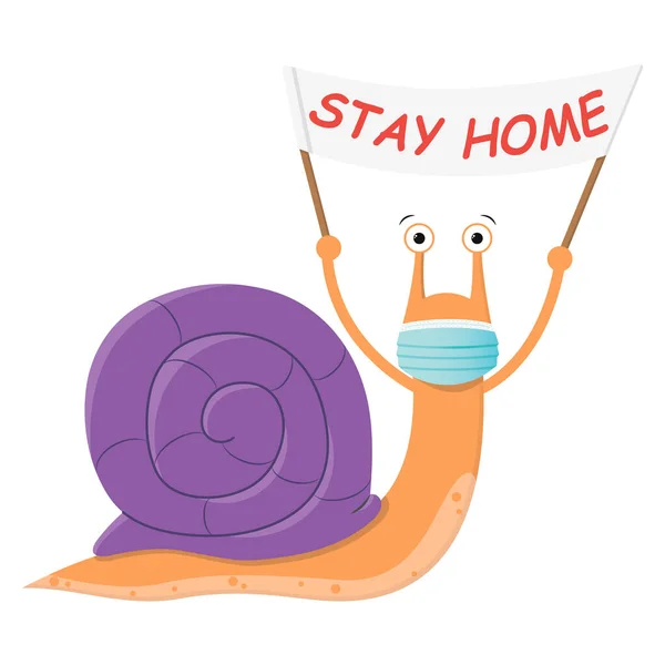 L'escargot reste à la maison. Mignon dessin animé escargot violet avec une affiche et un masque médical contre la propagation du virus . — Image vectorielle