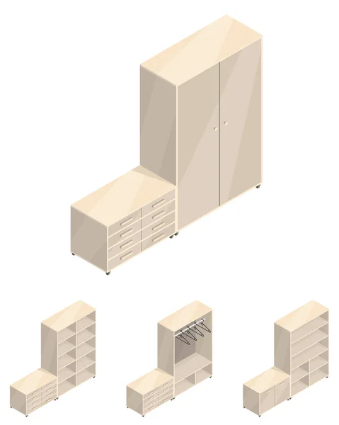 Armario. Hermoso nuevo conjunto isométrico de diferentes muebles rústicos marrones . — Archivo Imágenes Vectoriales