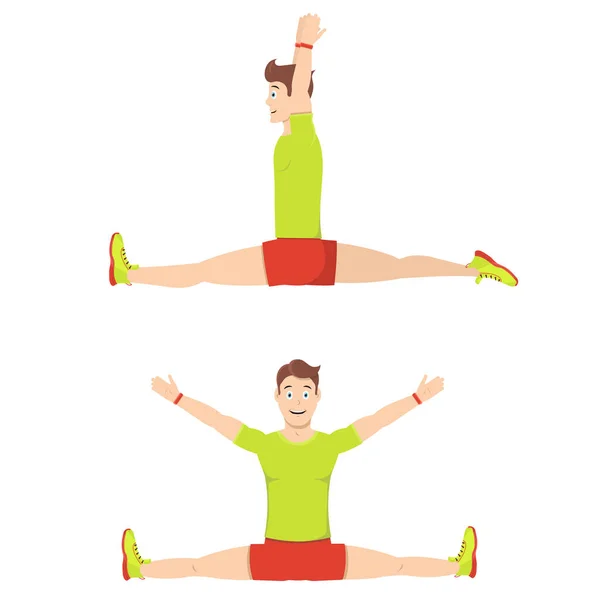 Stretching tijdens het zitten. Een jonge knappe man zit in lengte- en dwarsspleten. Beenrekoefeningen. — Stockvector