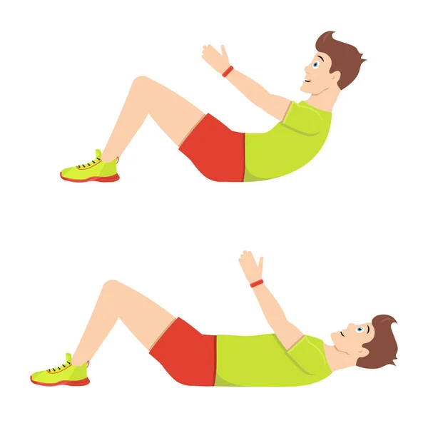 Exercices sur le mensonge pres. Jeune beau gars fait des exercices de torsion sur le renforcement des muscles abdominaux . — Image vectorielle