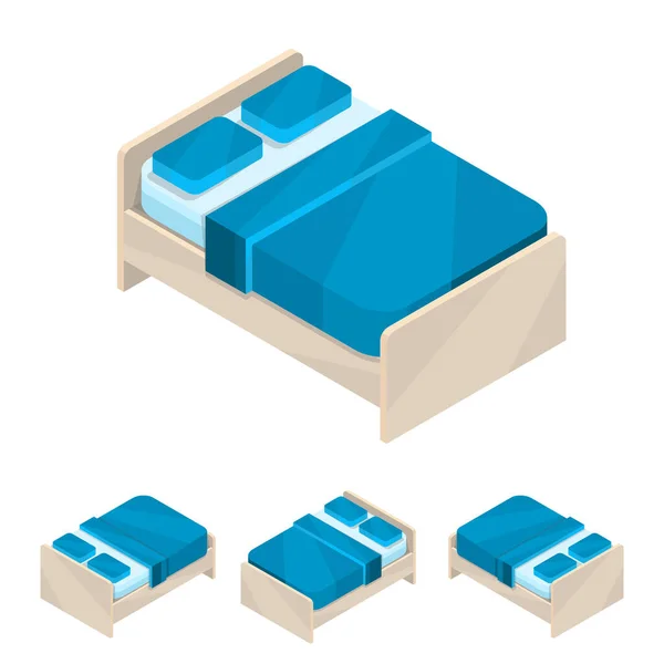 더블 침대요. 침대와 베개가 있는 새로운 등거리 청색 대형 가구. 목조 틀. — 스톡 벡터