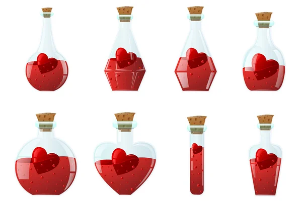 Elixir de amor. Conjunto de pequeñas botellas de vidrio de diferentes formas, en el interior con un corazón rojo . — Archivo Imágenes Vectoriales