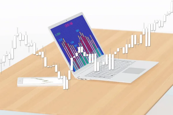 股票图表上的笔记本电脑和平板电脑的背景 — 图库照片
