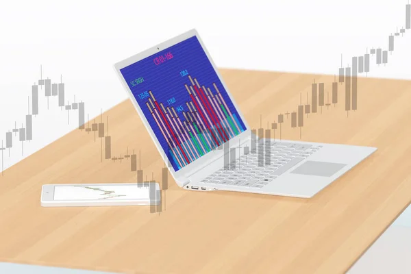Gráfico de stock en el fondo de la computadora portátil y tableta PC en la ilustración 3D —  Fotos de Stock