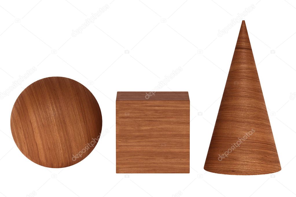 Mahogany wood 3D rendering figures geometric shadowless isolated on white