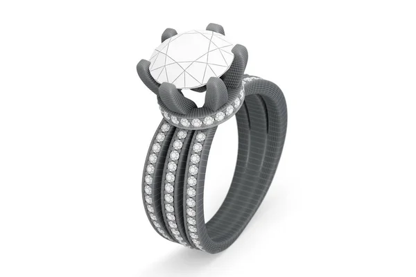 회색조 와이어 프레임에 다이아몬드 3d 렌더링 보석 반지 — 스톡 사진