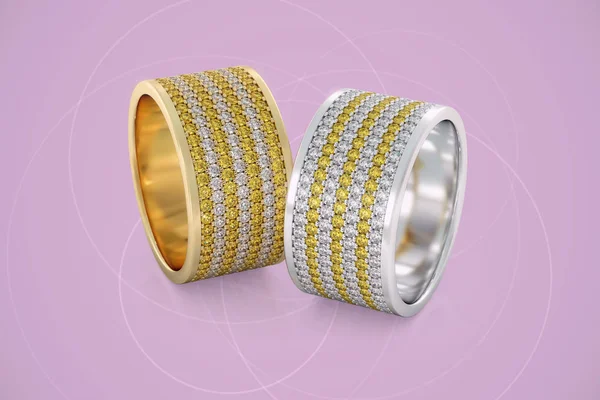 Jewelry wedding bands gold rings with diamonds. 3D rendering on pink background — Stock Photo, Image