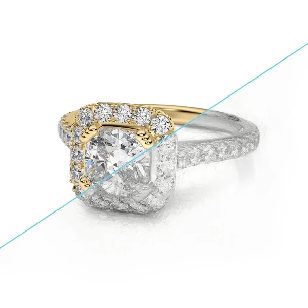 Biżuteria diament zaangażowania złoty pierścionek renderingu 3d i ołówek szkic — Zdjęcie stockowe