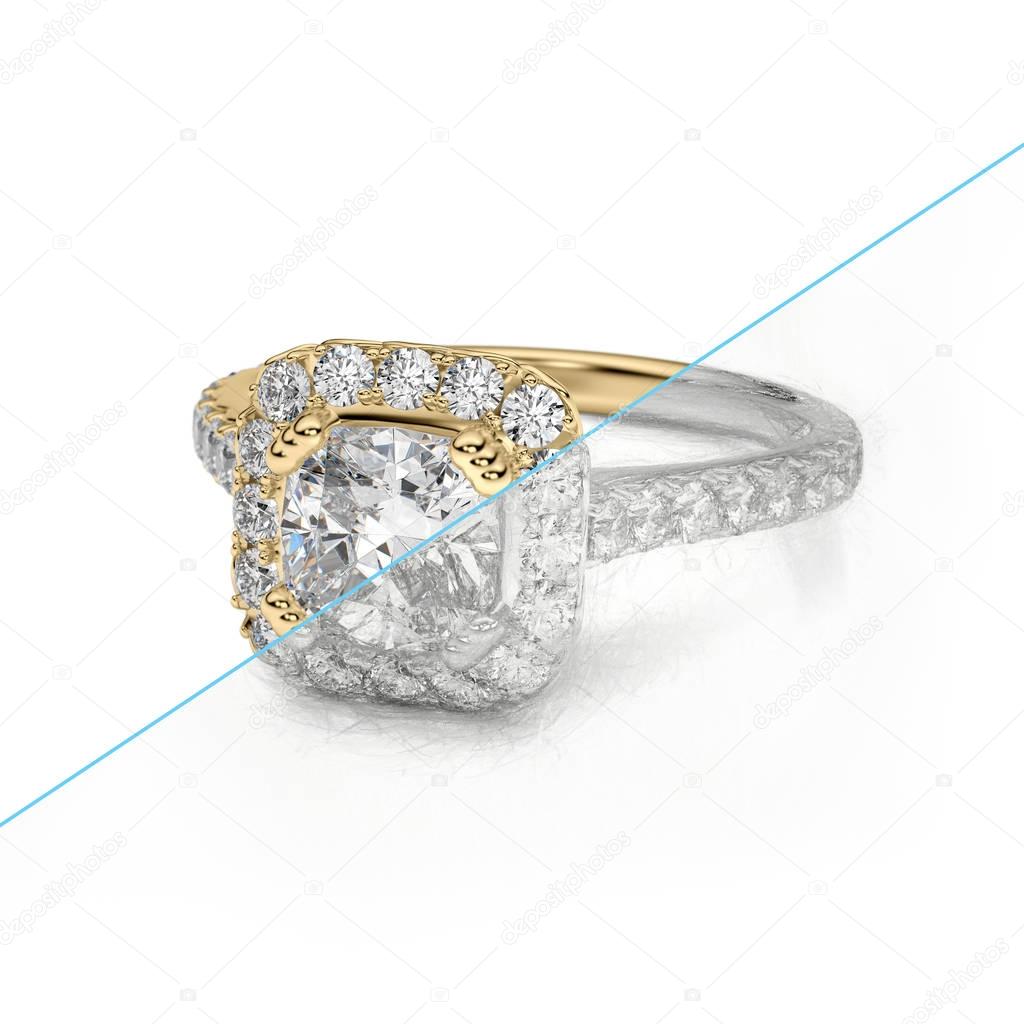 Jewelry engagement diamond gold ring 3D rendering and pencil sketch