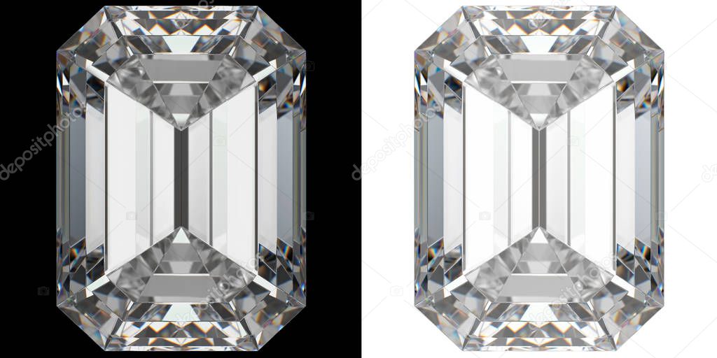Emerald cut white diamond close view 3D rendering