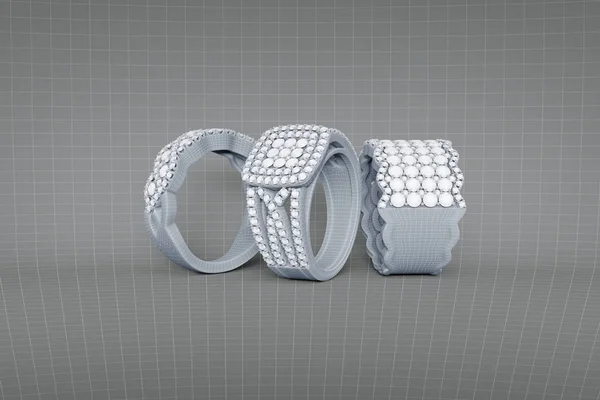 Jewelry rings with diamonds 3D rendering in wireframe mesh — Stock Photo, Image