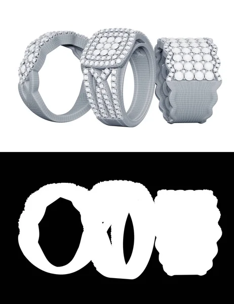 Кольца ювелирных изделий с бриллиантами 3D рендеринг в сетке wireframe и матовый канал Лицензионные Стоковые Фото