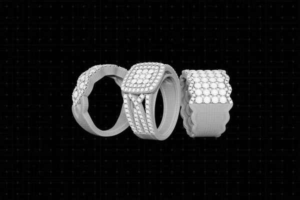 Jewelry rings with diamonds 3D rendering in wireframe grid — Stock Photo, Image