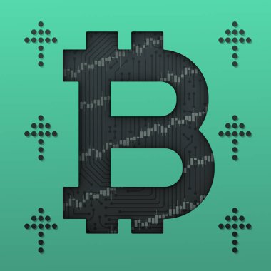 Bitcoin büyüme grafik Pazar ve devre kartı oklarla yukarı. 3D çizim