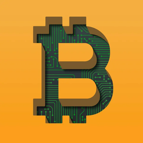 Bitcoin logo with circuit board background and long shadows. 3D illustration — Stock Photo, Image