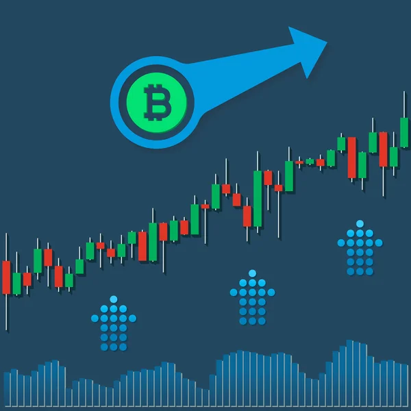 Bitcoin αυξανόμενη αγορά διάγραμμα τόμους και βέλη σε μπλε φόντο. Eps10 διανυσματικό αρχείο. — Διανυσματικό Αρχείο