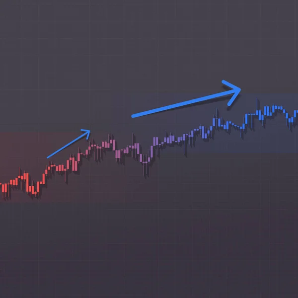 Χρηματιστηριακή αγορά μπαρ γράφημα αυξάνεται υψηλότερη τάση με βέλη και σκιές σε σκούρο φόντο. 3D απεικόνιση για επιχειρηματικά δεδομένα, έκθεση οικονομικά διαγράμματα. — Φωτογραφία Αρχείου