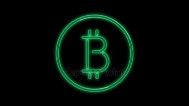 Neon yeşil cryptocurrency bitcoin logo yanıp sönüyor. Alfa kanalı çoğaltılmış ve renk siyah. 3D çizim