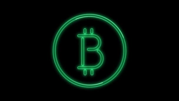 Neón parpadeando logotipo de Bitcoin criptomoneda verde. Canal alfa Premultiplicado y color negro. Ilustración 3D — Vídeos de Stock