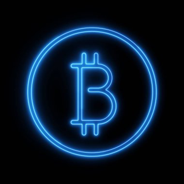 Bitcoin neon logo cryptocurrency siyah arka plan ile. 3D çizim