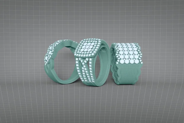 Кольца ювелирных изделий с бриллиантами 3D рендеринг в сетке wireframe — стоковое фото