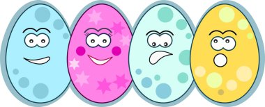 Beyaz arka plan, Paskalya için vektör çizim üzerinde farklı yüzlerle dört komik yumurta