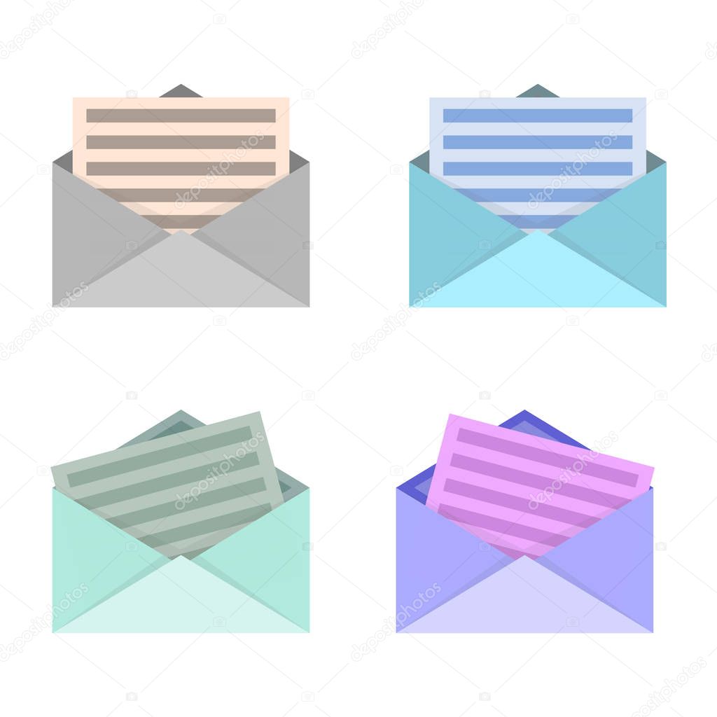 Four open envelopes with piece of paper inside, grey, blue, green, violet, icon, website, vector illustration 