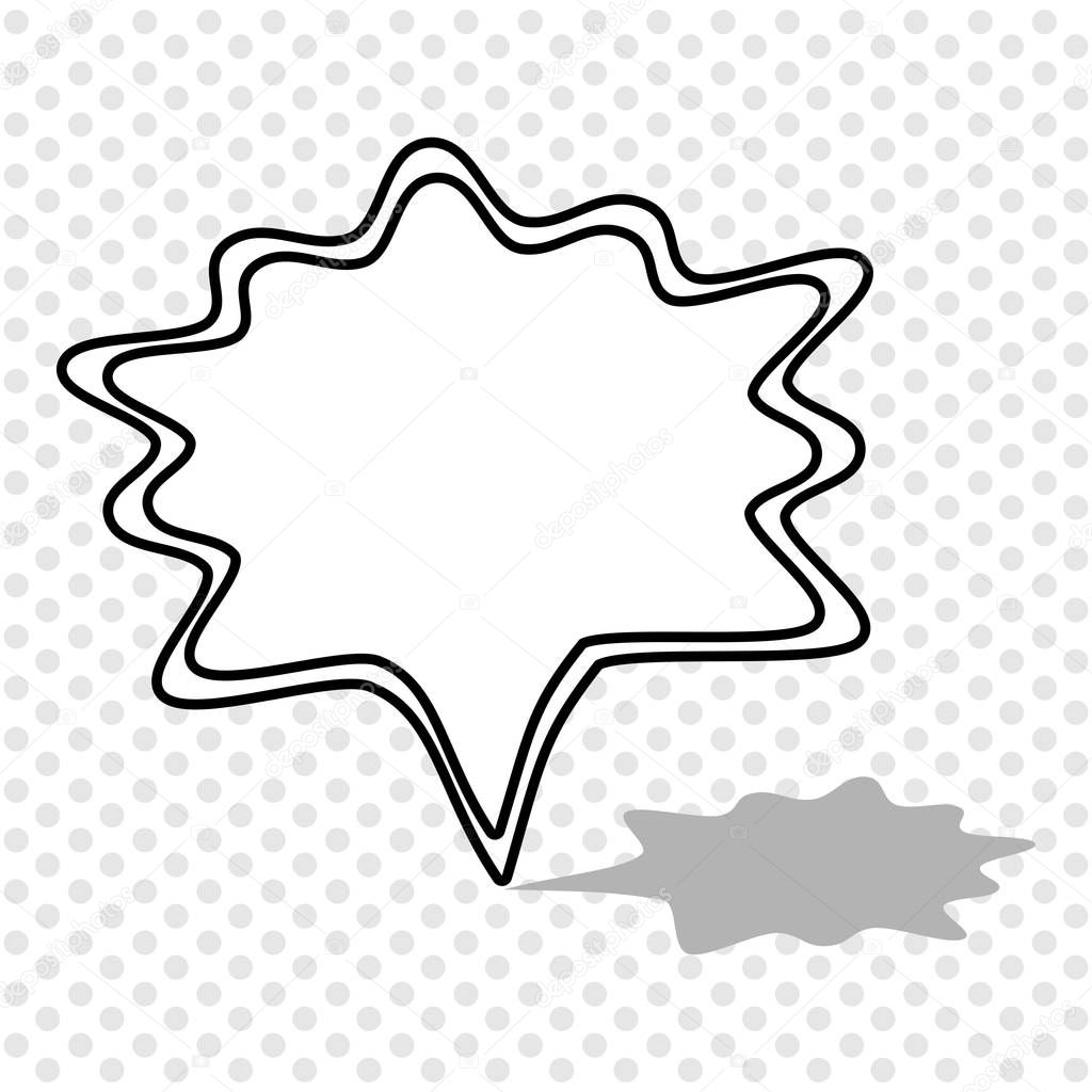 Comic book speech bubble, black on grey dotted background, icon, logo, for website, vector illustration.