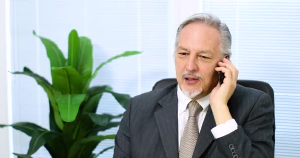 Старший бизнесмен разговаривает по телефону — стоковое видео