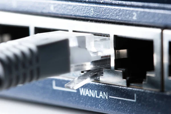 Патч-кабель в порту Ethernet — стоковое фото